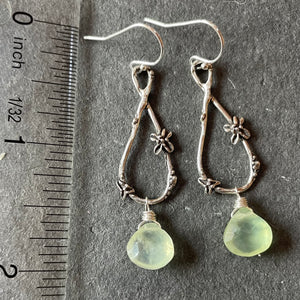 Prehnite single drop artisan flower earrings, OOAK