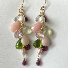Load image into Gallery viewer, Pink Opal, Prehnite, Garnet, Pearl and Quartz Cascade Cluster Earrings, metal and earwire options