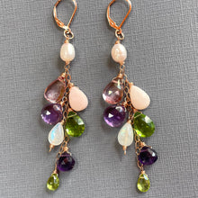 Load image into Gallery viewer, Pink Opal, Mystic Quartz, Amethyst, Peridot, Pearl and Quartz Cascade Cluster Earrings, metal and earwire options