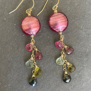 Pink Sands OOAK Murano Glass and Tourmaline Dangle Earrings
