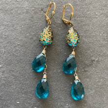 Load image into Gallery viewer, Teal Blue Pear and Gold Patina Antiqued Cascade Earrings