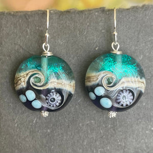 Sparkling Lampwork Violet and Teal Glass Ocean Surf Earrings