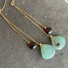 Load image into Gallery viewer, Aquaprase and Rhodolite Garnet Tassel Earrings OOAK