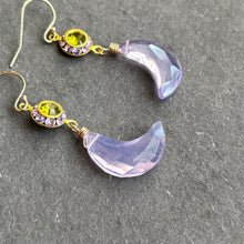 Load image into Gallery viewer, Lavender and Peridot Green Carved Moon Dangles