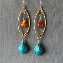 Load image into Gallery viewer, Chrysocolla and Sunstone Marquis Open Hoop Earrings, OOAK