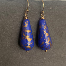 Load image into Gallery viewer, Royal Blue and Gold Teardrop Czech Glass Dangle Earrings