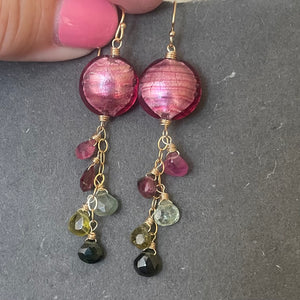 Pink Sands OOAK Murano Glass and Tourmaline Dangle Earrings