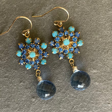 Load image into Gallery viewer, Turquoise and Sapphire Crystal and Quartz Floral Teardrop Earrings