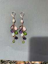 Load image into Gallery viewer, Pink Opal, Mystic Quartz, Amethyst, Peridot, Pearl and Quartz Cascade Cluster Earrings, metal and earwire options