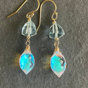 Aquamarine Quartz and Fire Rainbow Moonstone Dewdrop Dangles, metal choices