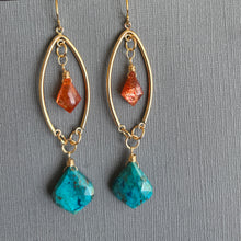 Load image into Gallery viewer, Chrysocolla and Sunstone Marquis Open Hoop Earrings, OOAK