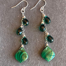 Load image into Gallery viewer, Emerald Green Malachite and Quartz Trio Cascade Earrings, OOAK