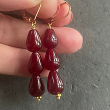Load image into Gallery viewer, Garnet Red Jade Straight Dangle Trio Earrings