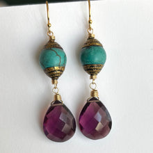 Load image into Gallery viewer, Natural Turquoise Artisan Dangles with Plum Quartz, OOAK