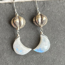 Load image into Gallery viewer, Moonstone Crescent Moon and Hill Tribe Sterling Flower dangles, OOAK