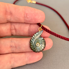 Load image into Gallery viewer, Labradorite and Cubic Zirconia carved Ammonite Necklace, Plummy Cord