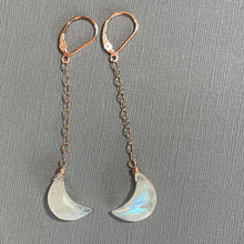 Load image into Gallery viewer, Moonstone Crescent Moon Dangles, 14k Rose Gold Filled, OOAK