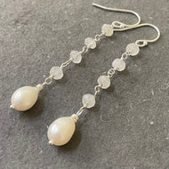 Moonstone and Freshwater Pearl Dangles, Sterling Silver