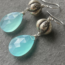 Load image into Gallery viewer, Sterling Flower Aqua Chalcedony dangles