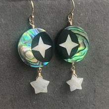 Load image into Gallery viewer, Mother of Pearl Moon and Stars Earrings, Rainbow Moonstone Star OOAK