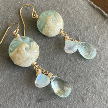 Load image into Gallery viewer, Lampwork Surf Glass, Moonstone, and Natural Aquamarine Earrings, OOAK 2