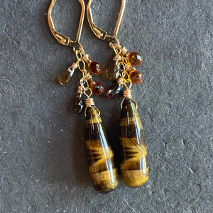 Tiger’s Eye and Sapphire Drop Earrings, OOAK