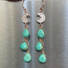 Load image into Gallery viewer, Sparkling Moon Rose Gold and Turquoise Cascade Earrings, OOAK