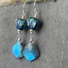 Load image into Gallery viewer, Labradorite and Lampwork Glass Earrings, OOAK