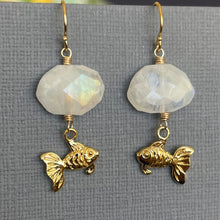 Load image into Gallery viewer, Goldfish and Rainbow Moonstone Earrings, OOAK
