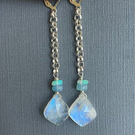 Moroccan Cut Moonstone and Opal Long Dangles, OOAK