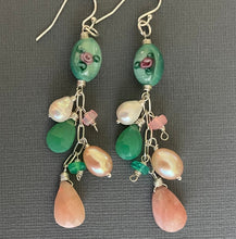 Load image into Gallery viewer, Pink Opal, Vintage Glass, Pearl, Opal and Chrysoprase Cascade Earrings, OOAK