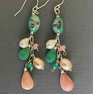 Pink Opal, Vintage Glass, Pearl, Opal and Chrysoprase Cascade Earrings, OOAK
