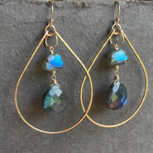 Load image into Gallery viewer, Raincloud and Raindrop Labradorite KATIE Hammered 2&quot; Hoop Earrings Size: Medium , sterling, rose gold or gold