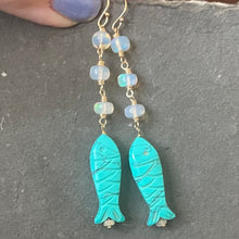 Load image into Gallery viewer, Carved Turquoise and Opal Fish earrings