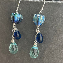 Load image into Gallery viewer, Flora European Lampwork And Quartz Dangle Earrings, Aqua and Cobalt Blue, metal and earwire options