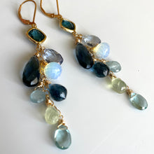 Load image into Gallery viewer, London Blue Quartz, Aquamarine, Opalite, Prehnite Cascade Cluster Earrings