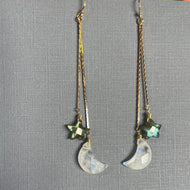 Moon and Star Tassel Earrings, Moonstone and Labradorite