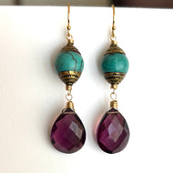 Natural Turquoise Artisan Dangles with Plum Quartz, OOAK