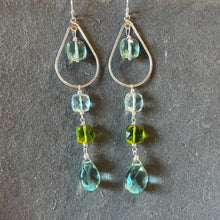 Load image into Gallery viewer, Sparkling Aquamarine Blues and Peridot Green Cushion Cut Hoop Earrings