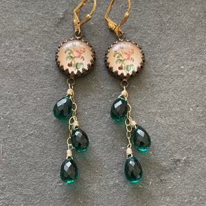 Emerald Green Floral Vintage Look Cascade Earrings