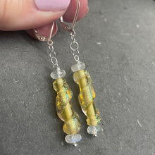 Load image into Gallery viewer, Dichroic Lemon Murano Glass Dangle Earrings, Opal and Quartz, Metal options