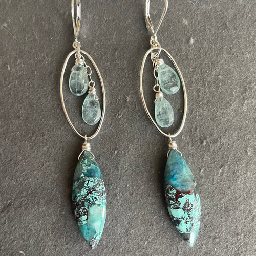 Chrysocolla and apatite chandelier earrings