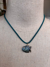 Load image into Gallery viewer, Go Fish! Labradorite and Cubic Zirconia Carved Fish Necklace, Teal Cord