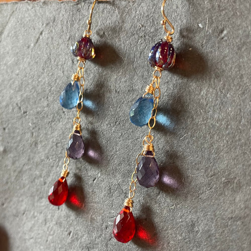 Flora European Lampwork And Quartz Dangle Earrings, Blue, Purple And Red, earwire options