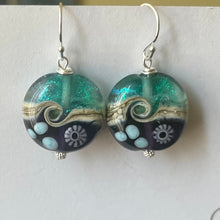 Load image into Gallery viewer, Sparkling Lampwork Violet and Teal Glass Ocean Surf Earrings