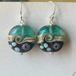 Sparkling Lampwork Violet and Teal Glass Ocean Surf Earrings