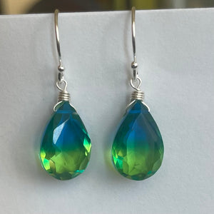 Sparkling Paraiba to Emerald PEAR cut Doublet Dangles, metal and earwire options available, Vibrant
