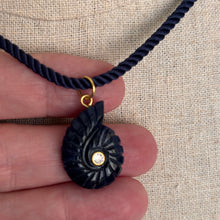 Load image into Gallery viewer, Sodalite and Cubic Zirconia carved Ammonite Necklace, Navy Cord
