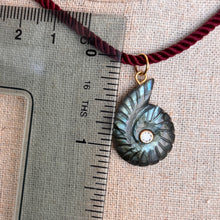 Load image into Gallery viewer, Labradorite and Cubic Zirconia carved Ammonite Necklace, Plummy Cord