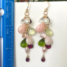 Load image into Gallery viewer, Pink Opal, Prehnite, Garnet, Pearl and Quartz Cascade Cluster Earrings, metal and earwire options